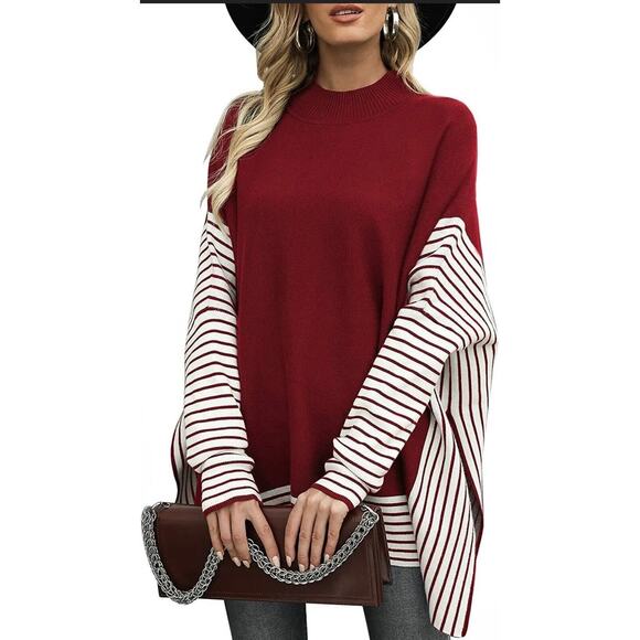 Uniexcosm XL Women's Mock Neck Poncho Sweater Batwing SL Oversized Chunky Knit - Picture 1 of 9